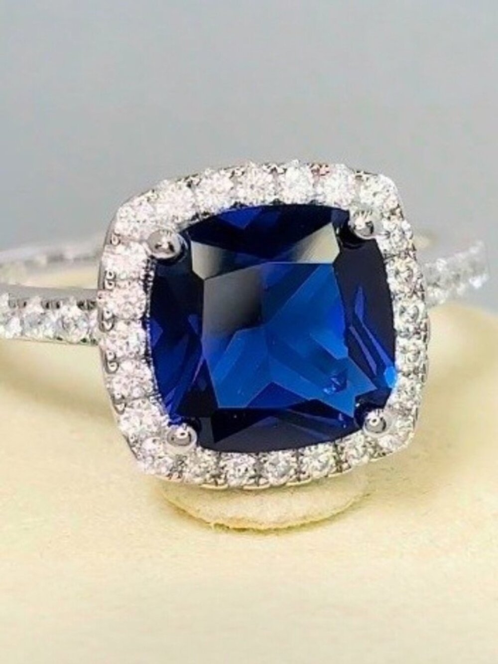 925 STERLING SILVER Cushion Cut Blue Spinel & Cubic Zirconia Halo Ring - Picture 2 of 16